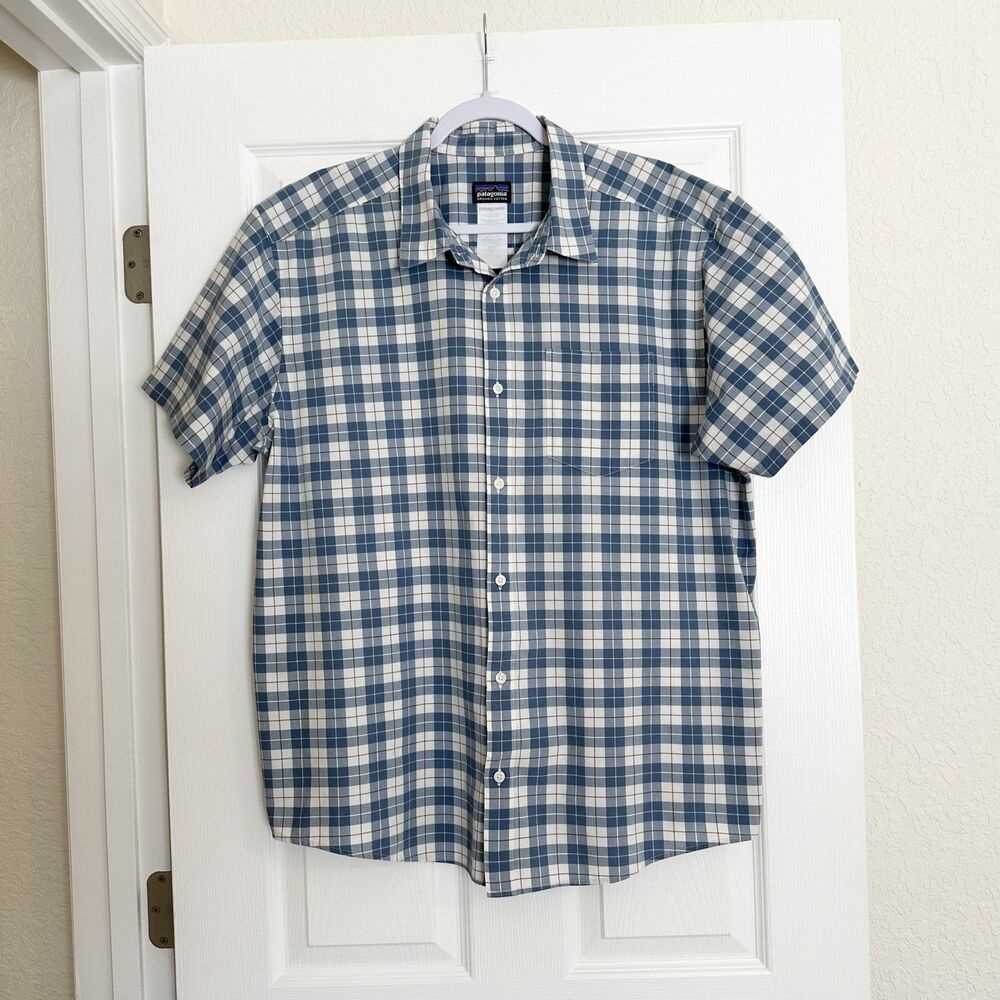 Patagonia Button Down Shirt Mens XL Blue Plaid Fezzman Organic Cotton Blend